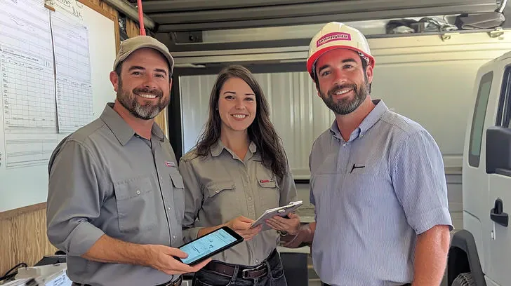 Roofing project team reviewing plans on tablets